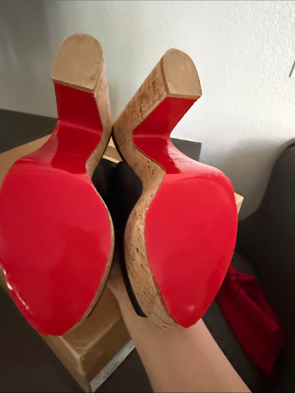 Christian Louboutin Black Dona Anna Cork Platform Slingback PeepToe Heels wedge